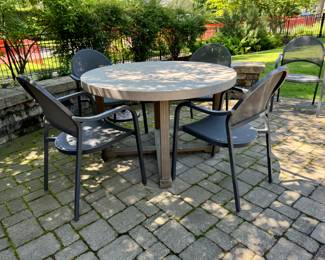 Crate and Barrel Abaco 48" Round Outdoor Dining Table and 8 Crate ad Barrel Lanai mesh chairs