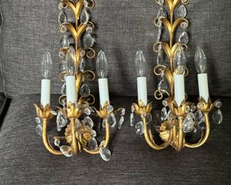 Pair vintage gilt tole wall sconces