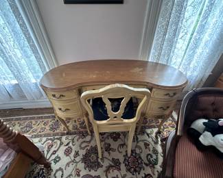 Kidney shaped desk and embroidered chair. $450. This time is for pre-sale. Message for details on payment and pickup