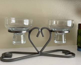 Double heart candle holders - iron metal brushed nickel and two glass holders.