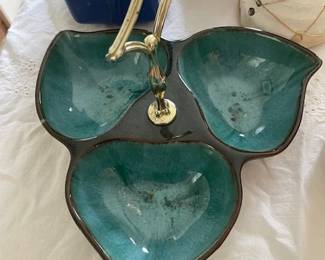 Vintage mid-century modern teal and brown drip glaze three-section bowl with handle.