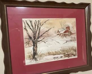 Framed and matted winter scene.