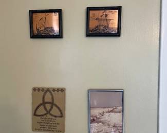 Assorted wall hangings.