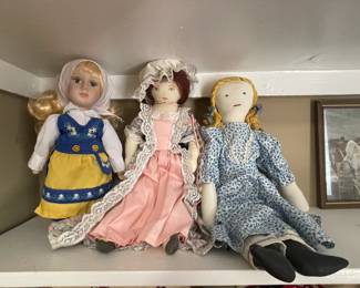Cloth dolls and Vintage Swedish Porcelain doll.