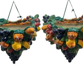 Two Majolica Style Fruit Basket Wall Pockets, ITALY
