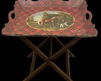 Tartan Plaid Horse & Dog Folding Bar Tray, Vintage
