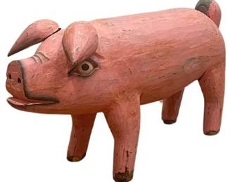 Life Size Folk Art Carved Wood Pig
