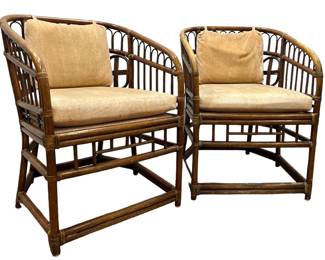 Mid Century Bamboo, Velvet Barrel Chairs, Pair

