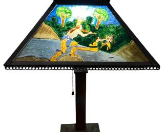 Arts and Crafts Reverse Painted Stained Glass Lamp, Native American Motif
