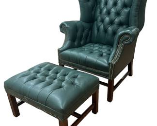 Green Leather Chesterfield Chair & Ottoman, OLD HICKORY TANNERY
