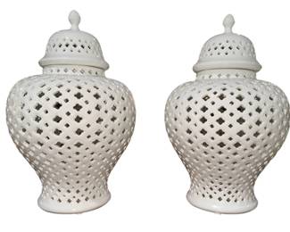 White Lattice Ginger Jars, Pair

