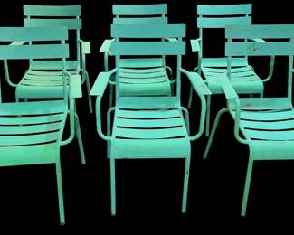 Set (6) Green Metal Garden Chairs, Art Deco Style
