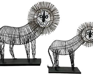Two Mid Century BERTOIA Style Wire Lions
