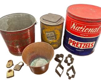 Collection Vintage Advertising Tins, Copper Planter, Locks, Cookie Cutters
