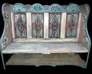 Folk Art Cottage Painted Hall Bench
