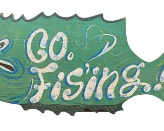 Folk Art Hand Painted Bait Shop Advertisement, "Go Fishing"
