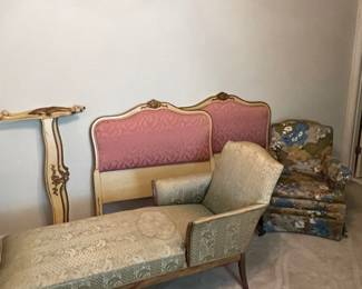 Chaise, twin headboards/footboards, upholstered chair