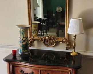 black stone top, 4 drawer chest and mirror