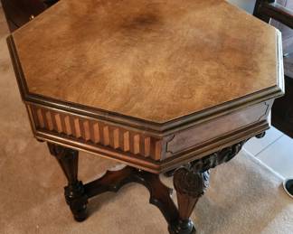 Octagonal walnut burl inlay table