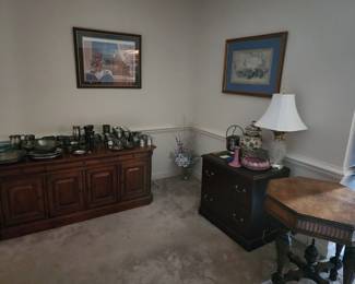 TV console cabinet, 2 drawer legal file cabinet, octagonal walnut burl inlay table
