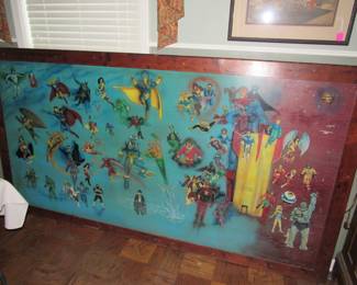 Huge mural of super heroes bought from an old comic book store. It measures 103" x 55".