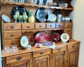 Antique, Pine cabinet.  Serving ware,  glassware, stemware 