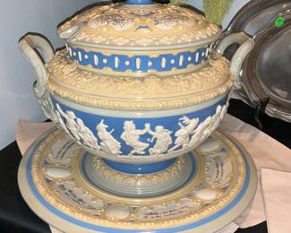 Mettlach, Punch Bowl. #2087, dated 1904 & 1906, 8L capacity with under plate  and lid