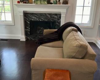 Sage green, loveseat.  English "yew" sidetable, signed,  " R H Leonard". Beautiful burle wood. 