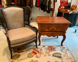 Custom  upholstered, wing chair. Bernhardt, Side table, area rug 