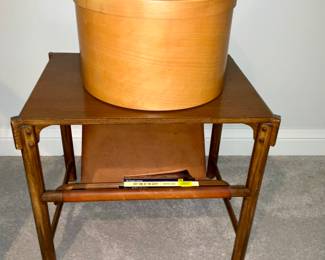 Side tables, Vintage, mid century. Wood w / Leather sling book / magazine bottom 