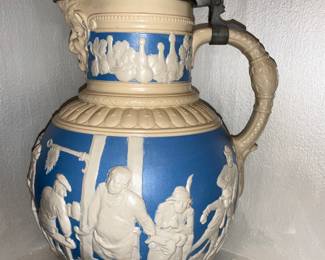 Mettlach, Stein.  3.2 L, #2210. Dated 1898, bowling scene. 