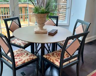 Leather top table, round table, size 46.5" .   5 custom upholstered chairs 