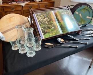 Book stand, serving ware,  La Rochere Bee glasses.  Fish cutting board 