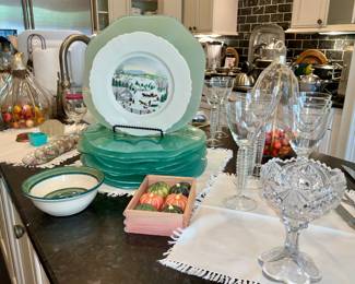 Kitchen ware, serving dishes. Charger plates. 