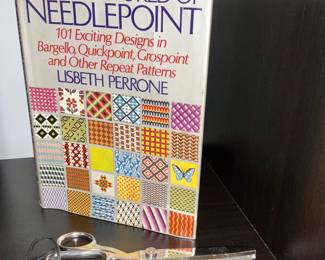 Needlepoint books, craft supplies, sewing supplies. Weiss pinking shears 