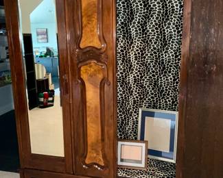 Antique, armoire. Beautiful beryl wood and leopard lined velvet.  Hooks and hanger rods 