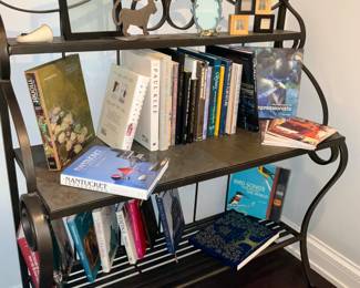 Coffee table books, Bakers rack, marble shelves