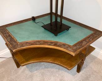 Romweber, vintage Romweber. Corner table, green leather top. 30" square