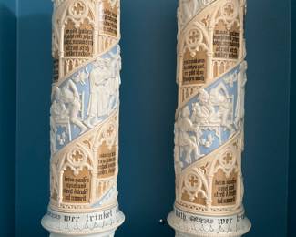 Mettlach, pair Pokals, #168. Dated  1894. Spiral story depicted around body.