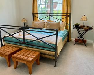 King, metal bedframe / mattress. Metal framed tea caddy table.  Sutherland, wood tufted footstool. Restoration Hardware, Camel color, silk curtains, 96" x 48". 