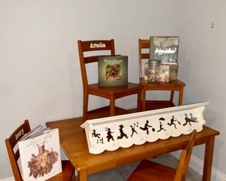 Children's table, arts and craft table. Table 4 chairs .  White Shelf w / pegs. Children's books 