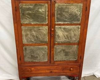EARLY 6 TIN PINE PIESAFE W/ DRAWER