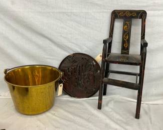 PA DOLL CHAIR, BRASS BUCKET, CARVED ART