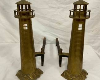 PAIR UNUSUAL BRASS LIGHTHOUSE ANDIRONS