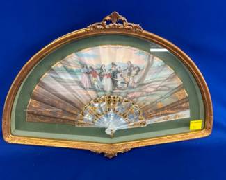 FRAMED VINTAGE HAND FAN 16 1/2X9 1/2