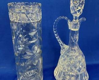 EARLY CUT GLASS VASE, DECANNER 12"