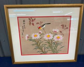 JAPANESE BIRD ART ON CLOTH 19X21