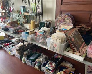 Lots of sewing stuff, fabric, trims, threads, machines 