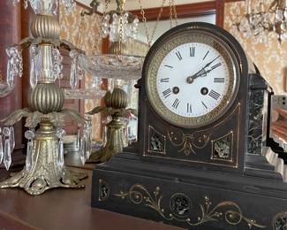 Antique Mantle Clock, Glass Scale of Justice