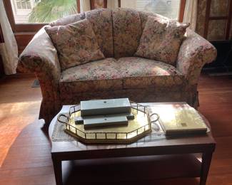 Love Seat, Coffee Table, Brass Tray